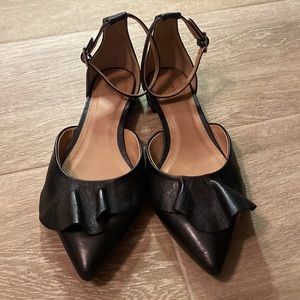 Lewit Alessia Black Leather Ankle Tie Ruffle Flats